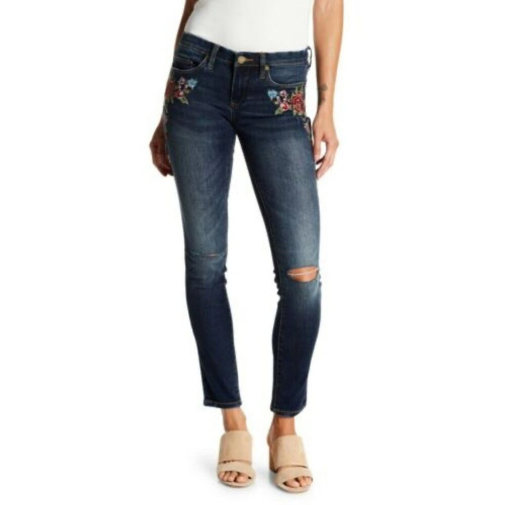 BLANK NYC Jeans Size 29x30 Skinny Embroidered Floral Roses Stretch‎ Blue Denim